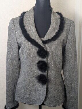 Lily & Taylor Size 4 Metallic Tweed Faux Fur Trim Blazer Jacket